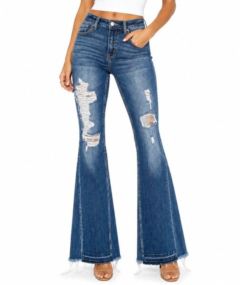 Y2K Style Western Boho Flare Bell Jeans Thrashed Stretch Womens 26 X 33 Chic